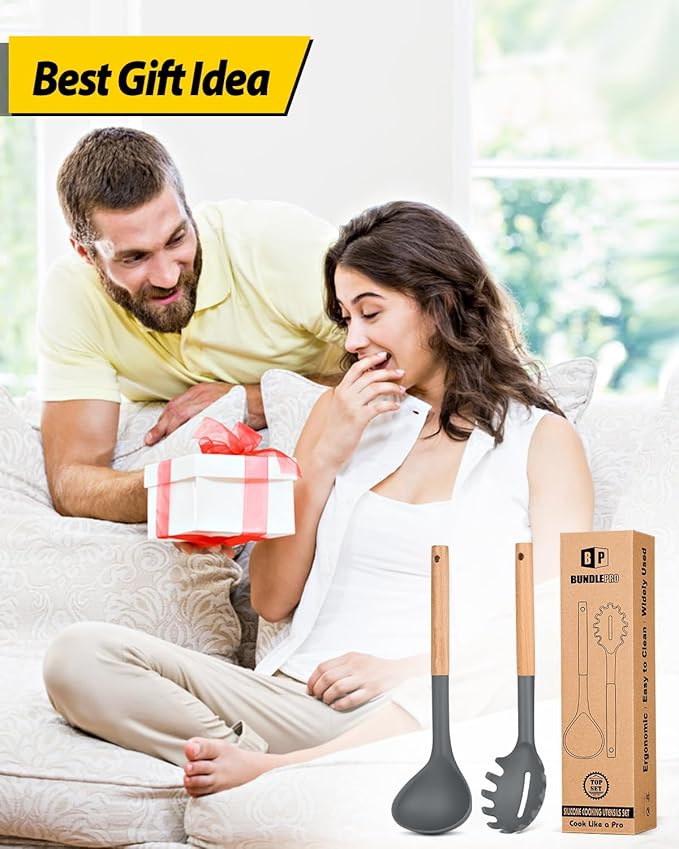 Silicone Pasta Fork and Ladle Spoon Set with Wooden Handle, Heat Resistant Non Stick Kitchen Utensils for Cooking, Stirring, Serving Spaghetti, Soup, Sauce(GRAY)-Ruum Studio Home