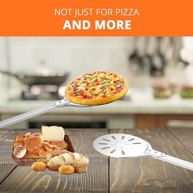 Pizza Turning Peel, 8-inch Pizza Peel Turner Spinner, Long Handle Perforated Aluminum Pizza Peel with Silicone Hook, Pizza Oven Accessories-Ruum Studio Home