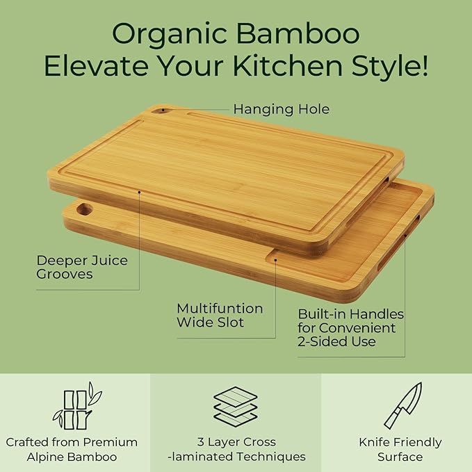 Wood Cutting Board for Kitchen - Reversible Bamboo Cutting Boards Gift Set of 3 with Juice Groove, Wooden Chopping Board for Meat, Fruit, Vegetables & Cheese (Pre Oiled, Natural)-Ruum Studio Home