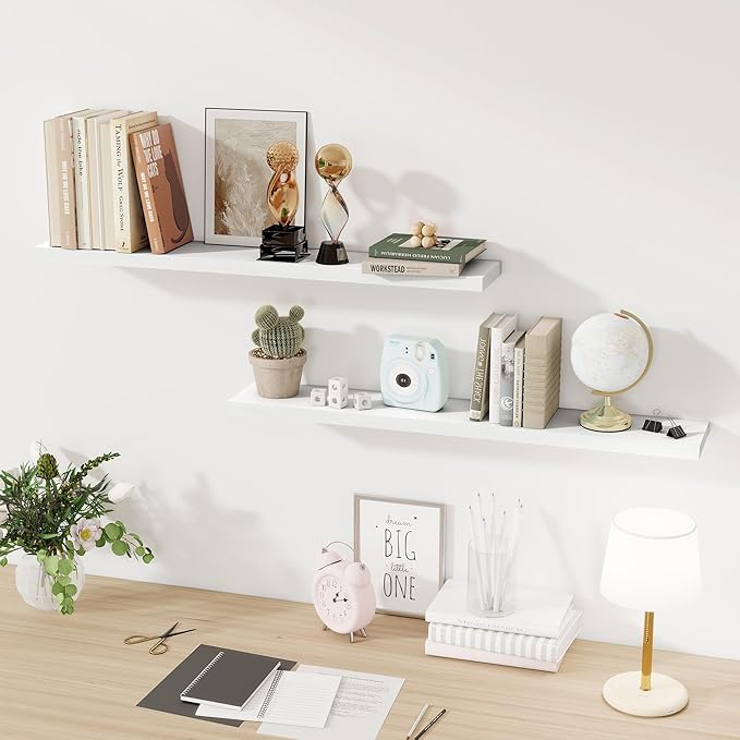 Floating Shelves for Wall, 40 Inch Floating Shelves for Home Decor, Wall Mounted Rustic Wood Shelves, Bathroom, Hanging Deep Shelf for Bedroom, Living Room, Kitchen (White, Set of 2)-Ruum Studio Home