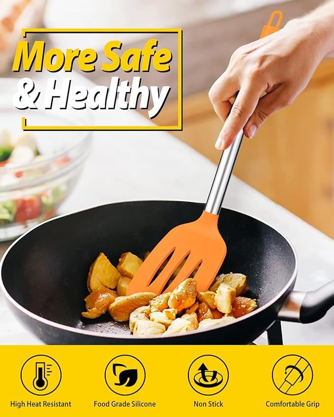 Pack of 2 Silicone Solid Turner, Non Stick Slotted Kitchen Spatulas, High Heat Resistant BPA Free Cooking Utensils, Ideal Cookware for Fish, Eggs, Pancakes (ORANGE)-Ruum Studio Home