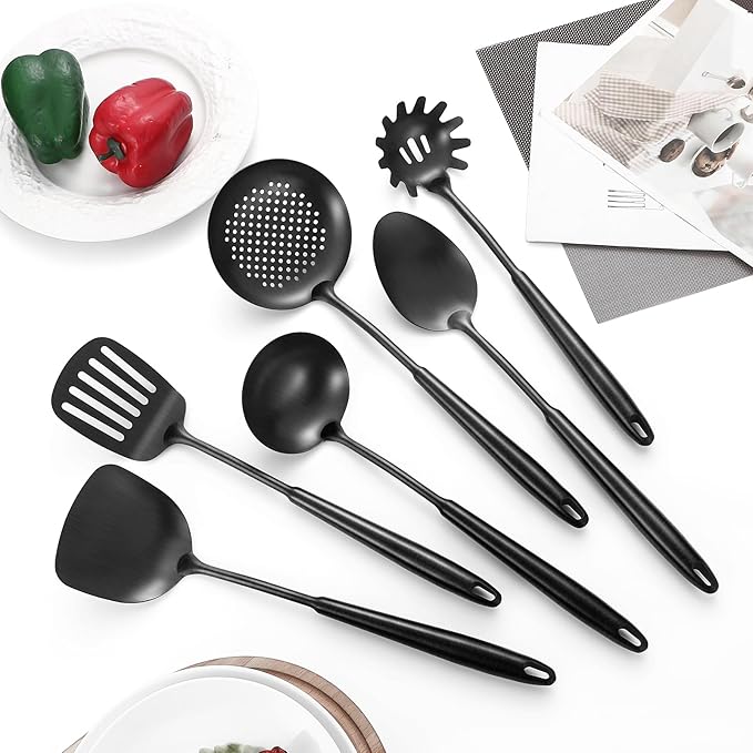 304 Stainless Steel Cooking Utensils,6 Pcs Kitchen Cooking Utensils Set with Spatula, Solid Spoon, Ladle, Skimmer, Spaghetti Spoon,Dishwasher Safe(Black)-Ruum Studio Home