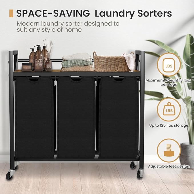 Laundry Hamper, Laundry Basket, Laundry Sorter with 3 Removable Bags, Clothes Basket with 3 Compartments, Wheels, Shelf for Laundry Room Bathroom Bedroom (3 Bags-Black)-Ruum Studio Home