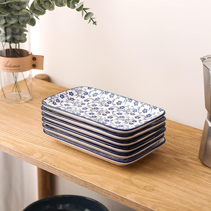 Selamica Ceramic Rectangular Salad Plates Set of 4, 8 Inch Small Serving Plates for Appetizers, Sushi, Fruit, Vintage Blue-Ruum Studio Home