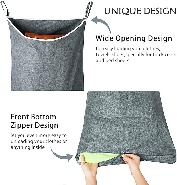 XL Large Hanging Laundry Hamper, Over the Door Laundry Bag with Zipper and Wide Open Top,Hanging Hamper for Storage Laundry, Clothes, Toys,36x 22 Inch, Heather Grey 2Pack.-Ruum Studio Home