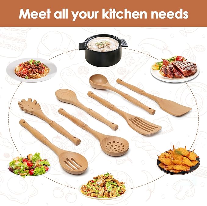 comfoyar Wooden Spoons for Cooking, 7 Pieces Kitchen Cooking Utenails Set with Spatula and Ladle, Heat Resistant Kitchen Cookware for Nonstick Pan-Beech-Ruum Studio Home