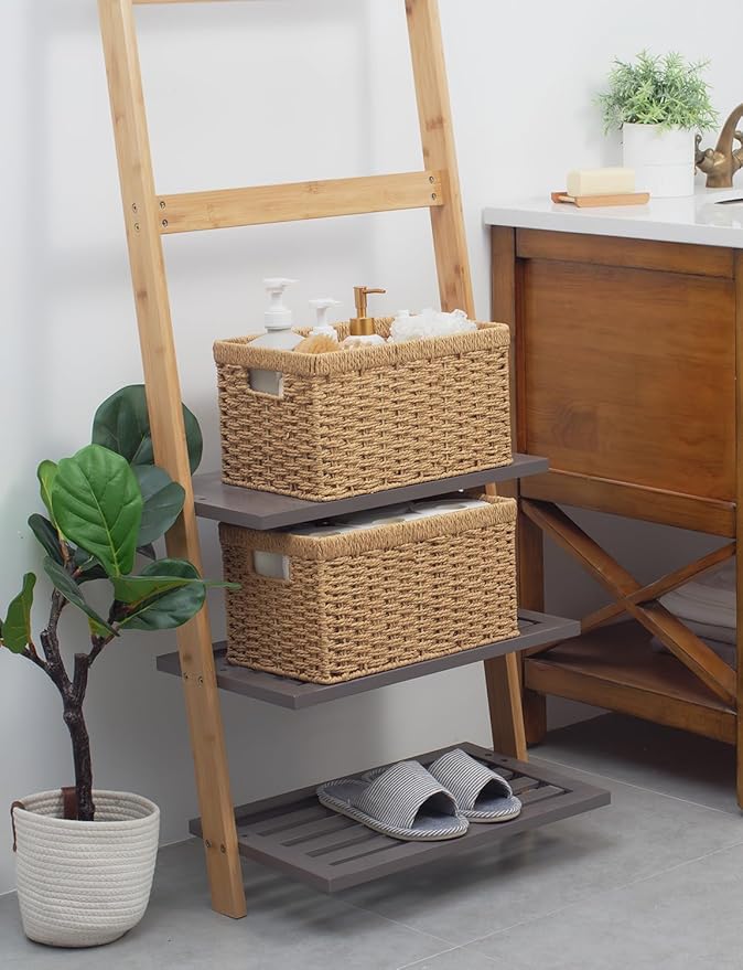 StorageWorks Round Paper Rope Storage Baskets, Rectangular Wicker Baskets with Built-in Handles, Medium, 13 ¼ x 8 ½ x 7 ¼ inches, 2-Pack-Ruum Studio Home