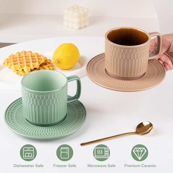 Large Cappuccino Cups with Saucers Set of 4, 8 Ounce Stackable Embossed Ceramic Coffee Mugs for Specialty Coffee Drinks, Latte, Cafe Mocha and Tea, Dishwasher & Microwave Safe (Mix)-Ruum Studio Home
