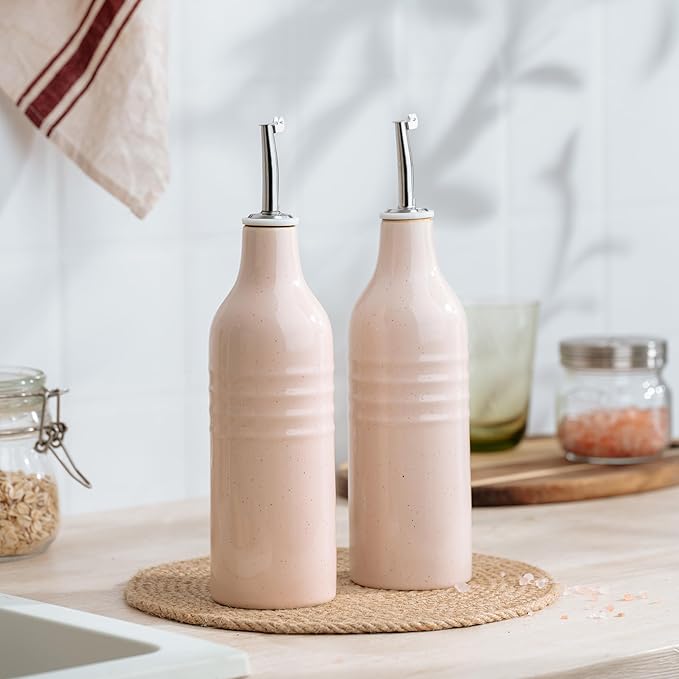 famiware Jupiter 16oz Ceramic Olive Oil Dispenser Bottle, Olive Oil and Vinegar Dispenser Bottle Set of 2 with Stainless Steel Pourers, Suitable for Storage Vinegar, Liquids, Light Pink-Ruum Studio Home