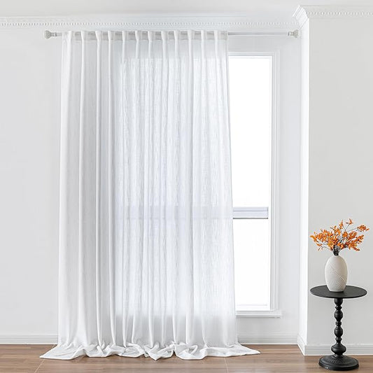 MYSKY HOME Floor to Ceiling Curtains 108 Inches White Sheer Window Drapes 1 Panel for Sliding Glass Door Back Tab Draperies Linen Look Boho Fabric, Soft Cotton Blend Light Filtering for Living Room-Ruum Studio Home