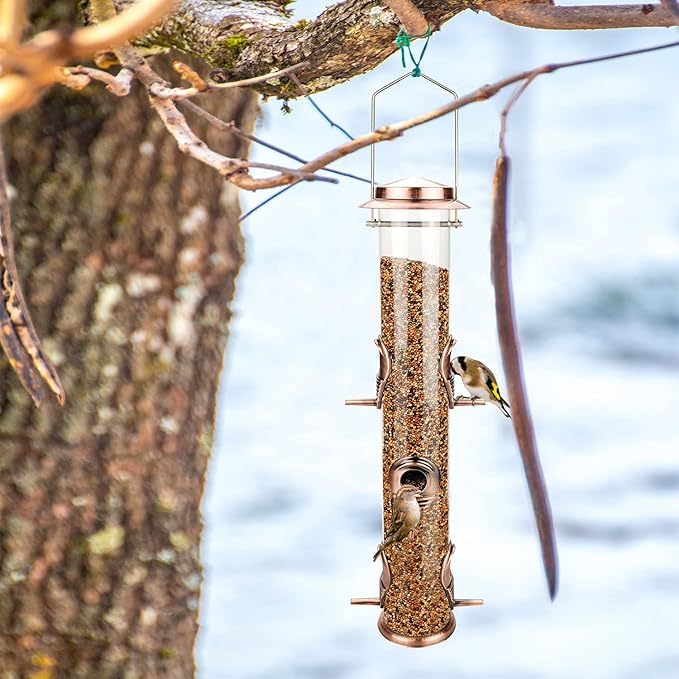MIXXIDEA 2PK Metal Wild Bird Feeder Squirrel Proof for Outside Hanging - 6 Port Tube Transparent Finch Feeder With Steel Hanger (Antique Copper)-Ruum Studio Home
