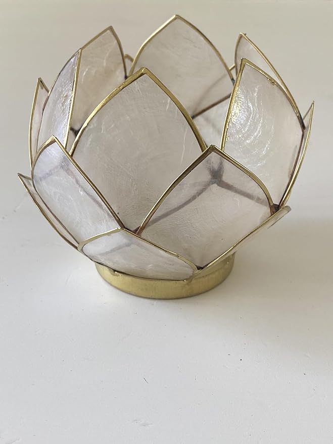 Blooming Lotus Capiz Shell Tealight Candle Holder, Handcrafted Decorative Tea Light Candleholder with Translucent Flower Petals for Ambient Illumination and Natural Elegance, Natural-Ruum Studio Home