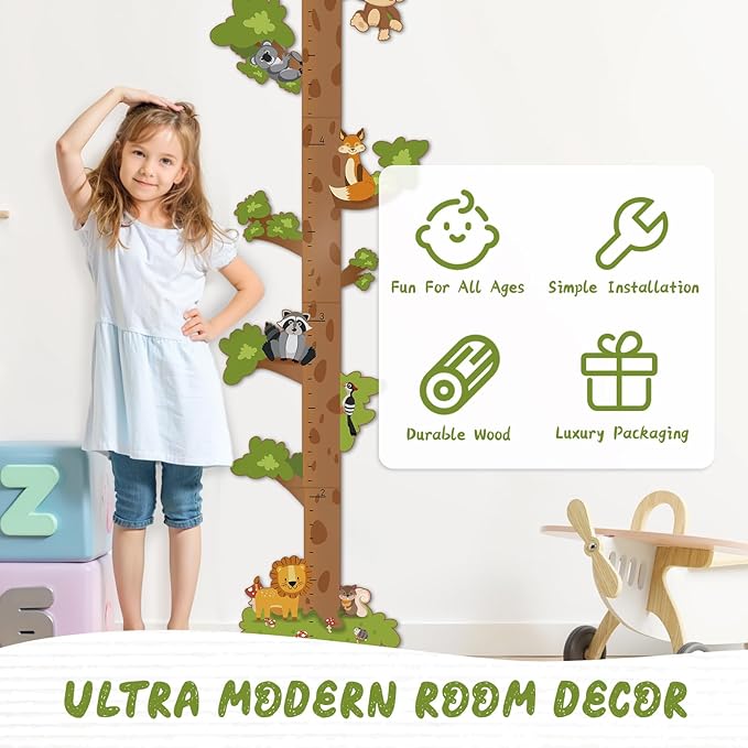 Wooden Surfboard Wall Decor Growth Chart,Tree Art Decor for Kids Room, Wood Tree Kids Sizing Chart, Height Board Cute Decor, Nursery Growth Chart Ruler Measuring Board for Boys Girls-Ruum Studio Home