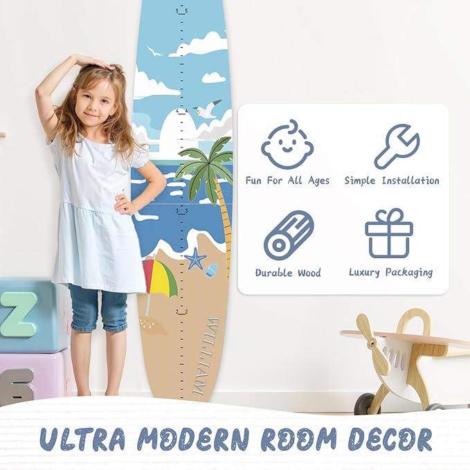 Personalized Name Growth Chart, Surfboard Children's Height Growth Chart Wall Board, Stereoscopic Height Ruler, Precision Height Measuring Instrument for Nursery Room, Includes Tools-Ruum Studio Home
