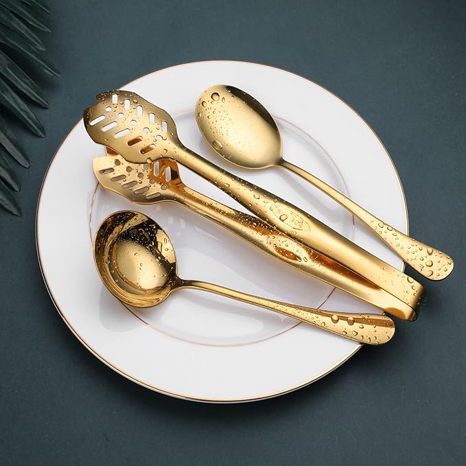 Gold Serving Utensils, OGORI 10-Piece Polished Stainless Steel Gold Serving Utensils Set Include Serving Spoons, Slotted Serving Spoon, Serving Tongs, Serving Fork, Salad Fork, Soup Ladle, Pie Server-Ruum Studio Home