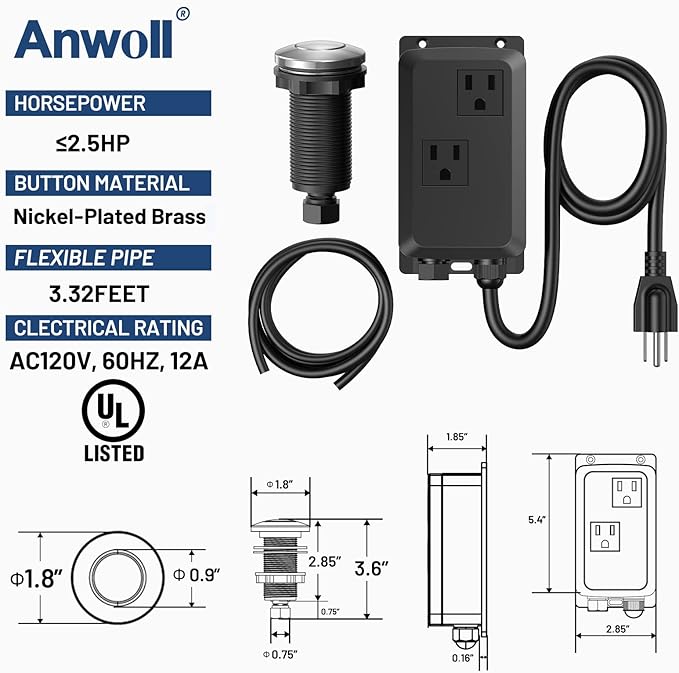 Garbage Disposal Air Switch Kit -Professional- Dual Outlet, Sink Top Waste Disposer On/Off, Garbage Disposal Button, UL Listed-Ruum Studio Home