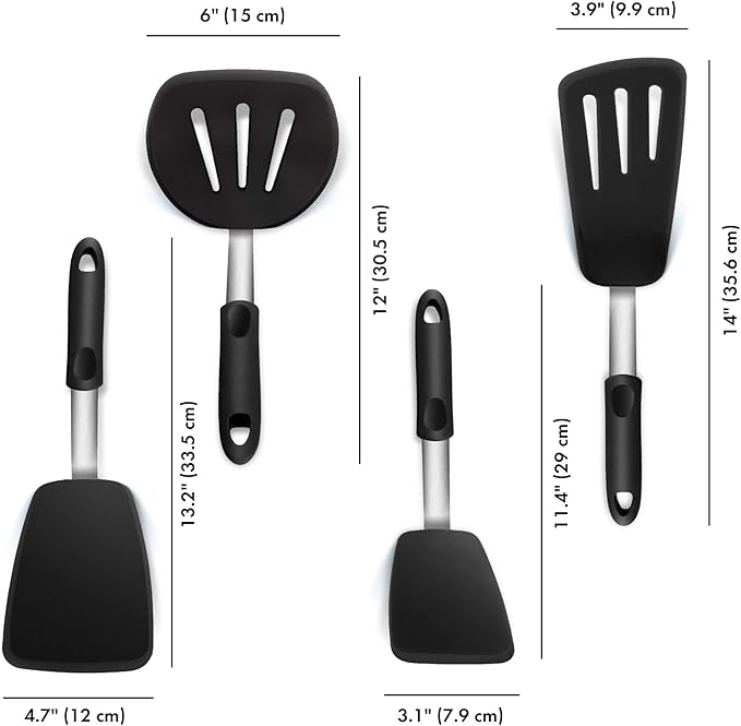 Set of 4 Silicone Spatula Utensils by Boxiki Kitchen. Professional Silicone and Stainless Steel Kitchen Spatula for Cooking, Pancakes, Eggs and Fish.-Ruum Studio Home