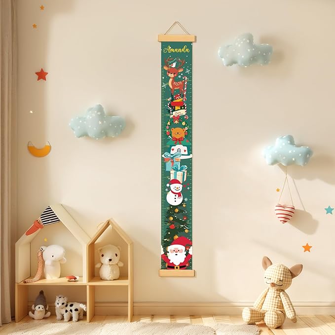 Personalized Name Growth Chart Wall Decor for Kids – Canvas Removable Height Chart Measuring Ruler 59" x 7.9" (Christmas Deer)-Ruum Studio Home