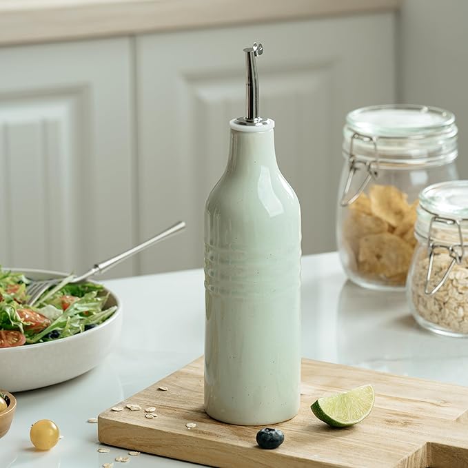 famiware Jupiter 16oz Ceramic Olive Oil Dispenser Bottle, 1 Piece Oil Dispenser for Kitchen with Stainless Steel Pourers, Suitable for Storage Vinegar, Soy Sauce, Coffee Syrup, Light Green-Ruum Studio Home