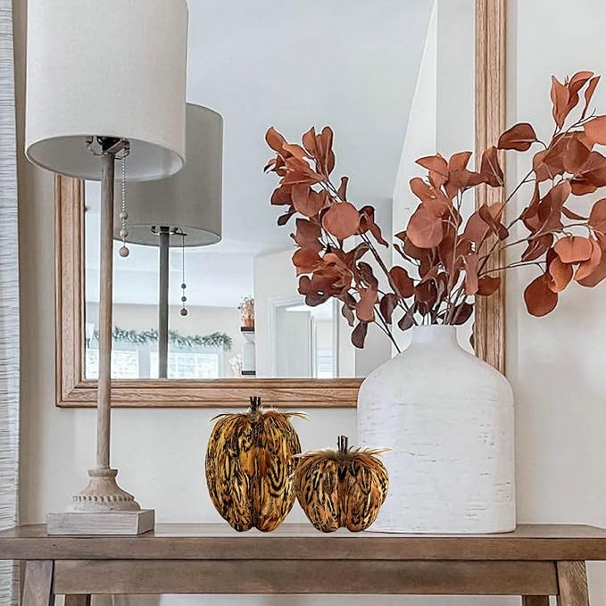 naturevibe 7.5/5.5 Inches Elegant Feathered Pumpkin Decor,Set of 2 Thanksgiving Decorations Natural Feather Pumpkins as Fall Home Decor,Centerpieces for Tables or Autumn Harvest Gifts-Ruum Studio Home