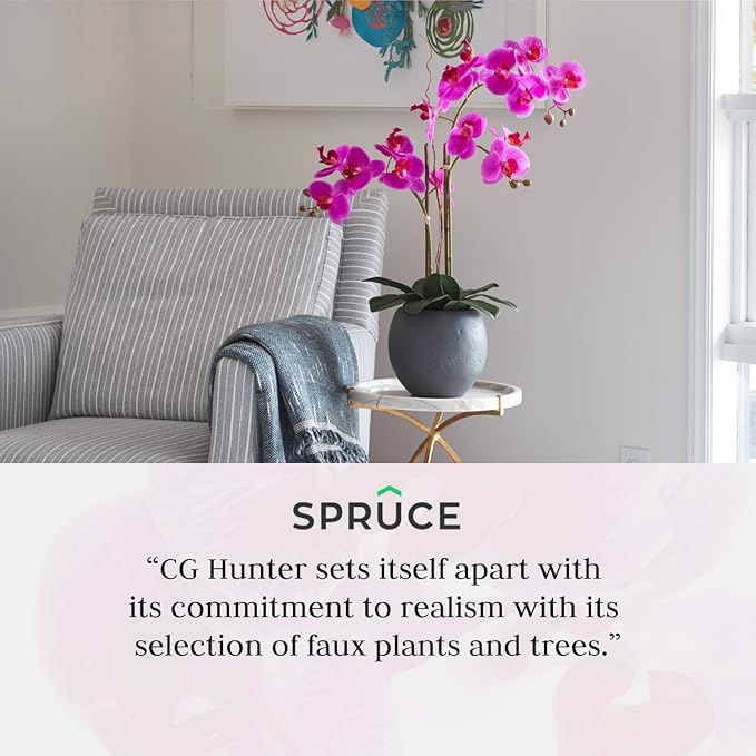 Faux Pink Orchid Plant, Premium Artificial Indoor Flower Display Stands 25-Inches with Beautiful Sculptural Blooms and Foliage That Lasts Forever, Grey Planter Pot Included-Ruum Studio Home
