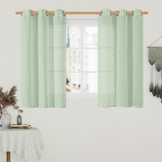 LAMIT Short Linen Curtains 40 Inch Length for Small Window, Fresh Green Light Filtering Semi Sheer Panels Bronze Grommet Neutral Drapes for Basement/Window, 2 Panels, 34 x 40 Inch-Ruum Studio Home
