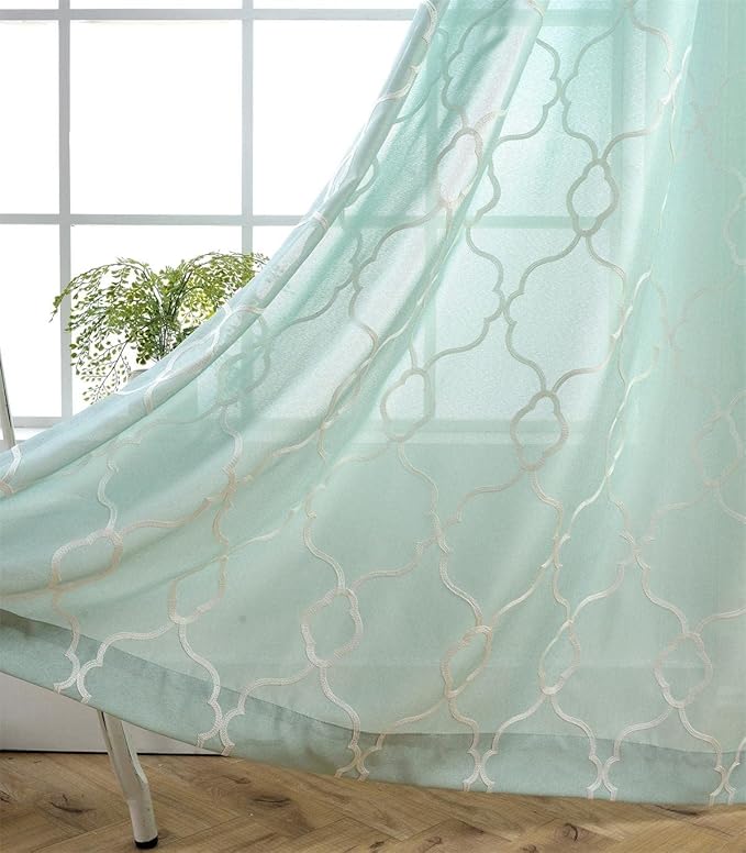 MIUCO Moroccan Embroidery Semi Sheer Curtains Faux Linen Grommet Panels for Living Room 52 x 84 Inch 2 Panels Set, Subtle Green-Ruum Studio Home