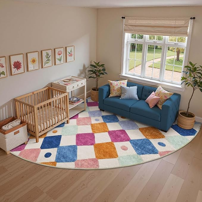 jinchan Kids Rug for Classroom 7ft Radius Corner Washable Area Rug Modern Colorful Quarter Circle Rug Soft Non-Slip Carpet for Nursery Playroom Daycare Reading Nook Living Room Berries on Cream-Ruum Studio Home