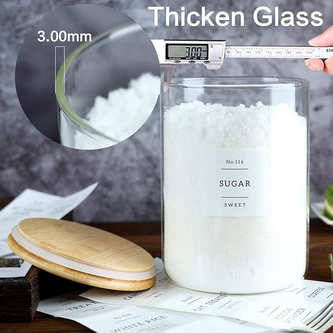 Large Glass Flour and Sugar Containers Jars with Bamboo Airtight Lid - 100 Fl Oz (3000ml) with Kitchen 42 Pantry Labels for Dry Food, Flour, Pasta, Cereal-Ruum Studio Home