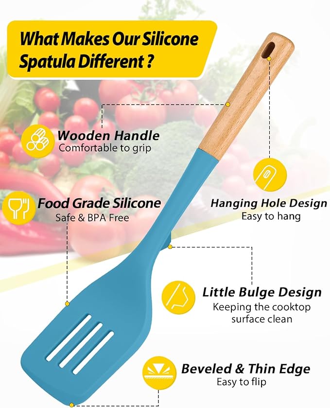 Pack of 2 Large Silicone Spatula, Heat Resistant Solid Turner, Non Stick Slotted Spatulas with Wooden Handle, Ideal Kitchen Utensils for Flipping, Pancakes, Eggs, Fish(BLUE)-Ruum Studio Home