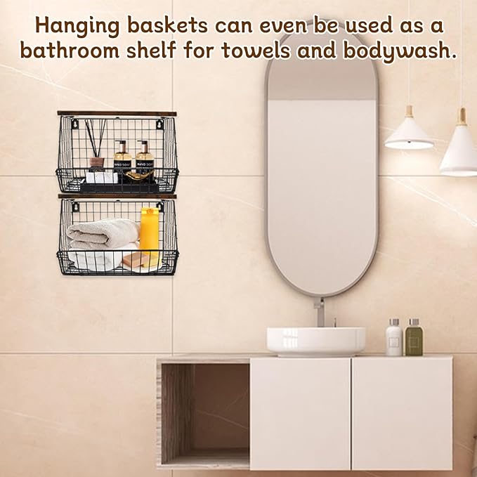 CYEAH 2 Pcs Stackable Fruit Basket for Kitchen, Hanging Wall Fruit Basket with Wood Lid, Space Saving Wall Mounted Mesh Metal Wire Baskets, Kitchen Counter Organizer for Snack, Onion, Potato Storage-Ruum Studio Home
