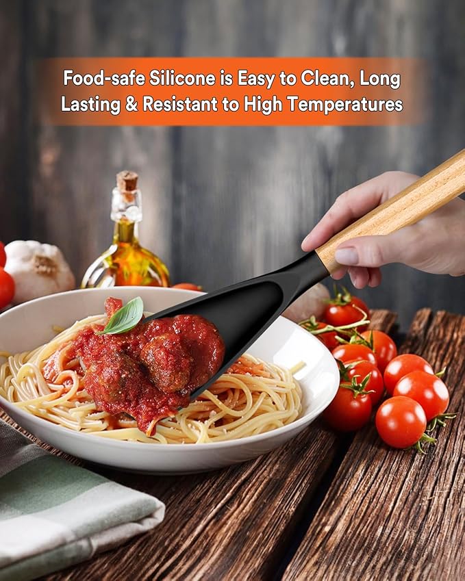 Multifunction Spatula Spoon for Nonstick Cookwares, Great for Cooking and Serving, Sturdy BPA-Free Matte Silicone, Wood Handle Spatula for Mixing, Scoop, and Scrape, Black(2 pack,11.4" & 13.4")-Ruum Studio Home