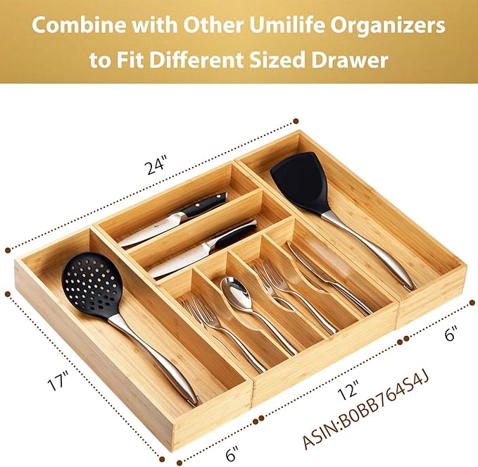 Umilife Bamboo Kitchen Utensils Organizer, Extra Long High Silverware Drawer Holder, Flatware Cutlery Storage Box, Multi-Use Drawer Divider in Office, Bathroom, Pantry - 17"x6"x2.5" (Set of 2)-Ruum Studio Home