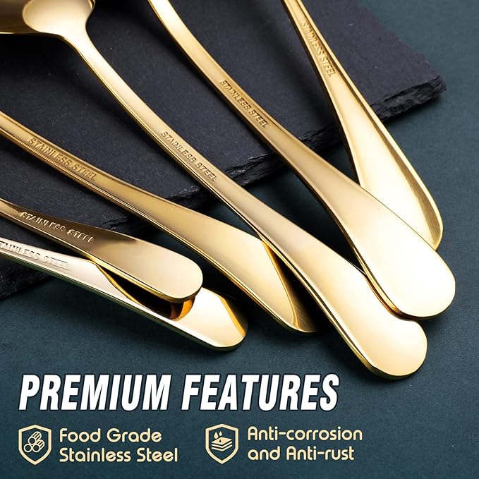 Gold Serving Utensils, OGORI 10-Piece Polished Stainless Steel Gold Serving Utensils Set Include Serving Spoons, Slotted Serving Spoon, Serving Tongs, Serving Fork, Salad Fork, Soup Ladle, Pie Server-Ruum Studio Home
