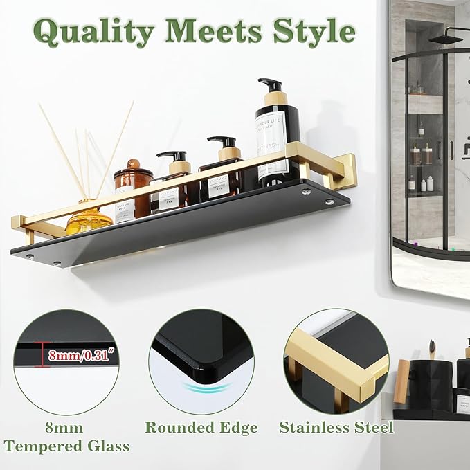 Alise Bathroom Shelves,Gold Glass Shelf for Bathroom, Modern Floating Shelves,20 inch-Ruum Studio Home
