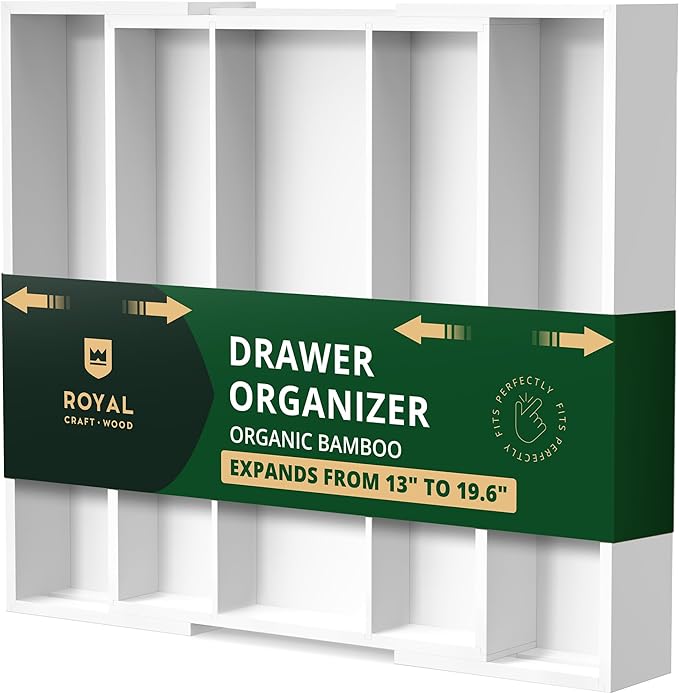 ROYAL CRAFT WOOD Luxury Bamboo Kitchen Drawer Organizer - Silverware Organizer - Utensil Holder and Cutlery Tray with Grooved Drawer Dividers for Flatware and Kitchen Utensils (5 Slot, White)-Ruum Studio Home