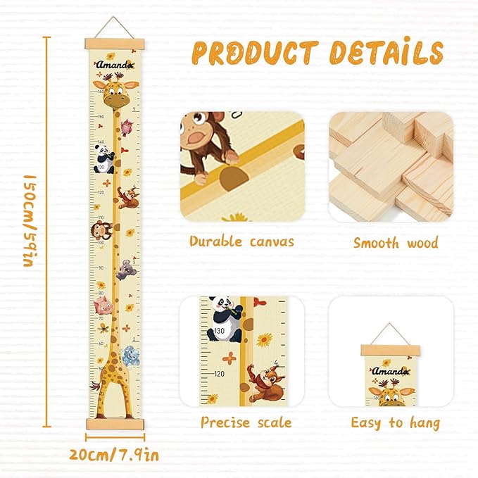 Personalized Name Growth Chart Wall Decor for Kids – Canvas Removable Height Chart Measuring Ruler 59" x 7.9" (Giraffes)-Ruum Studio Home