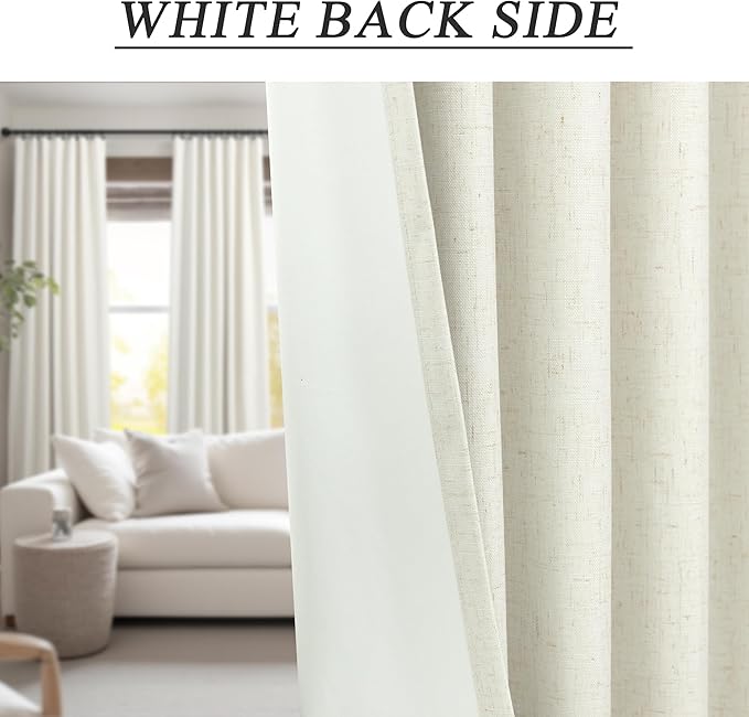 Elegant 100% Blackout Curtains 92 Inches Long for Living Room 2 Panels Set Room Darkening Energy Saving Curtains Window Coverings Cream Flax Linen Back Tab Pleated Drapes Aesthetic Bedroom 92 Length
