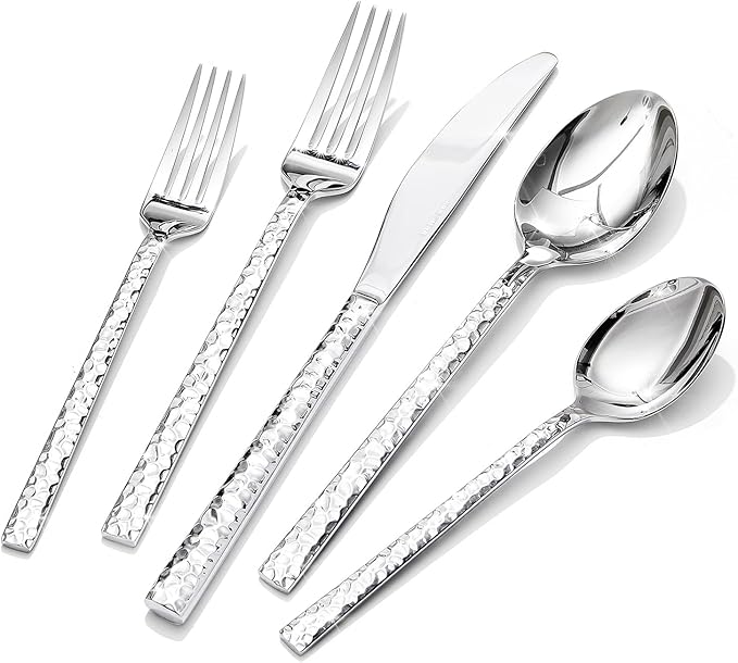 KINGSTONE 60 Piece Hammered Silverware Set, 18/10 Stainless Steel Flatware Set for 12, Cutlery Set for Home, Party, Wedding, Mirror Polished Dishwasher Safe-Ruum Studio Home