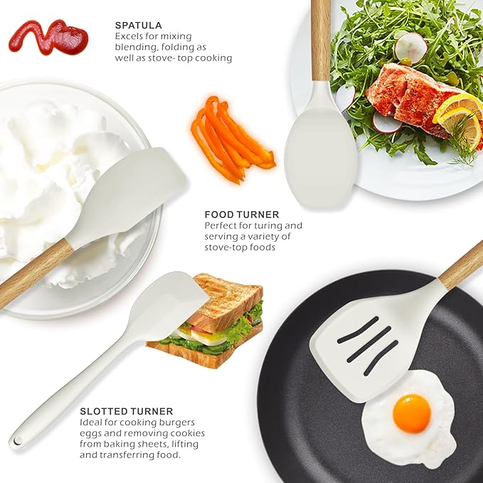 Silicone Cooking Utensils Set - 446°F Heat Resistant Silicone Kitchen Utensils for Cooking,Kitchen Utensil Spatula Set w Wooden Handles and Holder for Non-Stick Cookware, BPA FREE (Cream White)-Ruum Studio Home