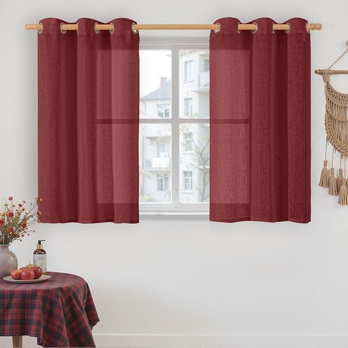 LAMIT Red Linen Curtains 40 Inches Long for Kitchen, Semi Sheer Light Filtering Panels Bronze Grommet Christmas Decor Drapes for Small Windows/Bathroom, 2 Panels Set, Burgundy Red, 34 x 40 Inch-Ruum Studio Home