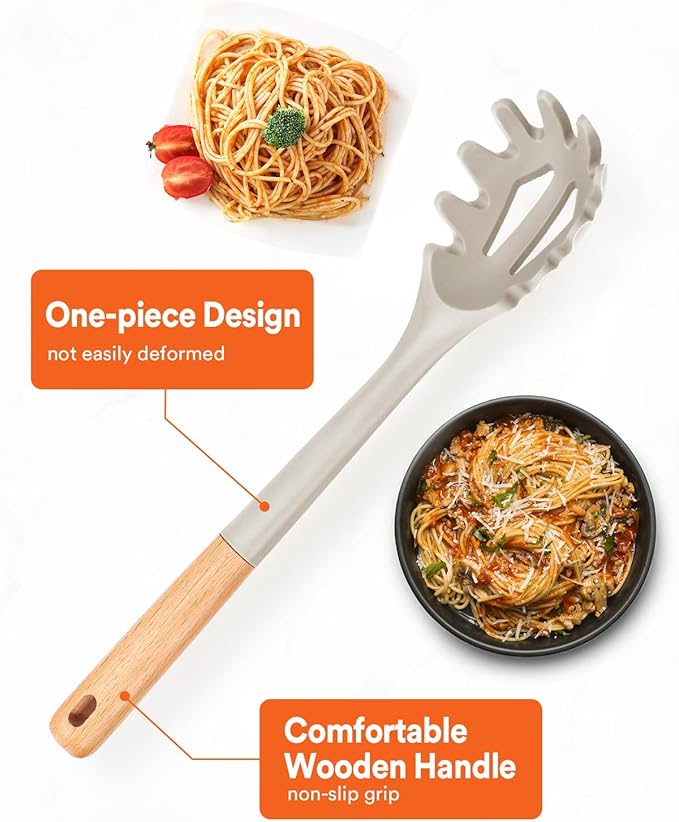 Silicone Pasta Fork, Kitchen Heat Resistant Noodle Spoon Server, BPA Free Spaghetti Strainer,12.8 inch (Khaki)-Ruum Studio Home