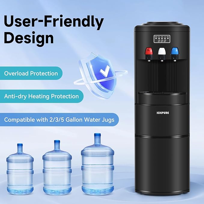 ICEPURE Water Dispenser with Ice Maker, 3-in-1 Hot and Cold Water Cooler with Built-in Bullet Ice Maker Machine, 26.5lbs/24H, Top Loading for 3-5 Gallon Bottle, Child Safety Lock, Black-Ruum Studio Home