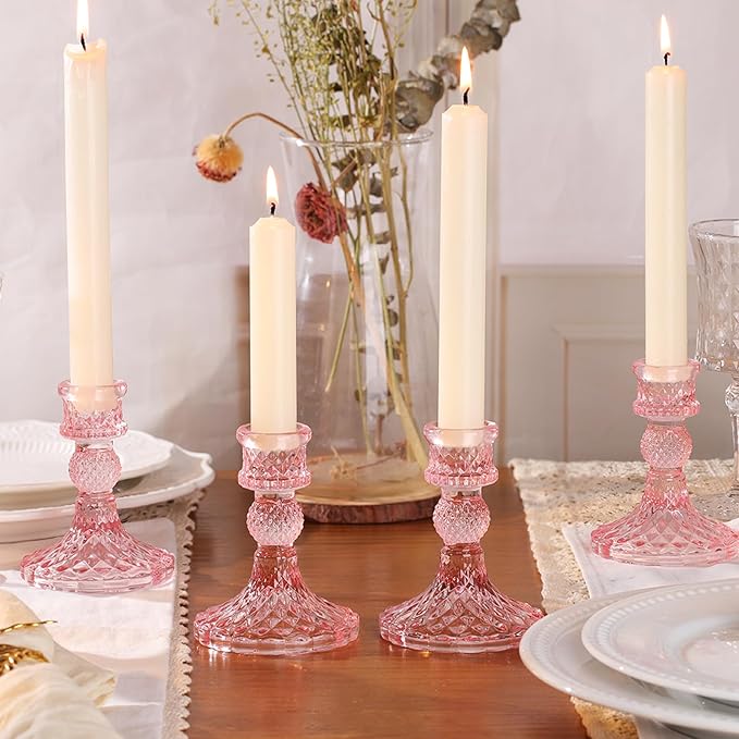 12Pcs Pink Candlestick Holders Set- 4" H Taper Candle Holders Bulk, Glass Candle Holders for Wedding, Party, Romantic Dinner Table Centerpieces, Festival Gifts & Windowsill Decor-Ruum Studio Home