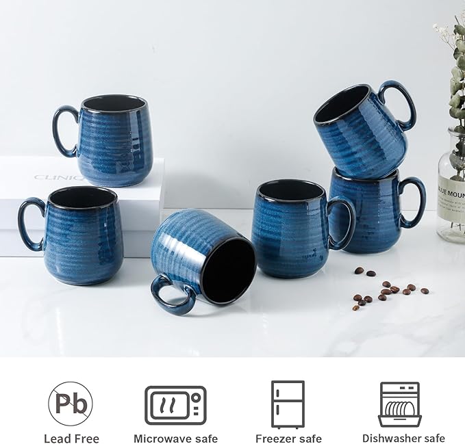 Hasense Espresso Cups 8 oz, Small Coffee Cups Set of 6, Ceramic Mugs with Handle for Coffee, Tea, Cappuccino and Mocha, Dishwasher & Microwave Safe, Blue-Ruum Studio Home