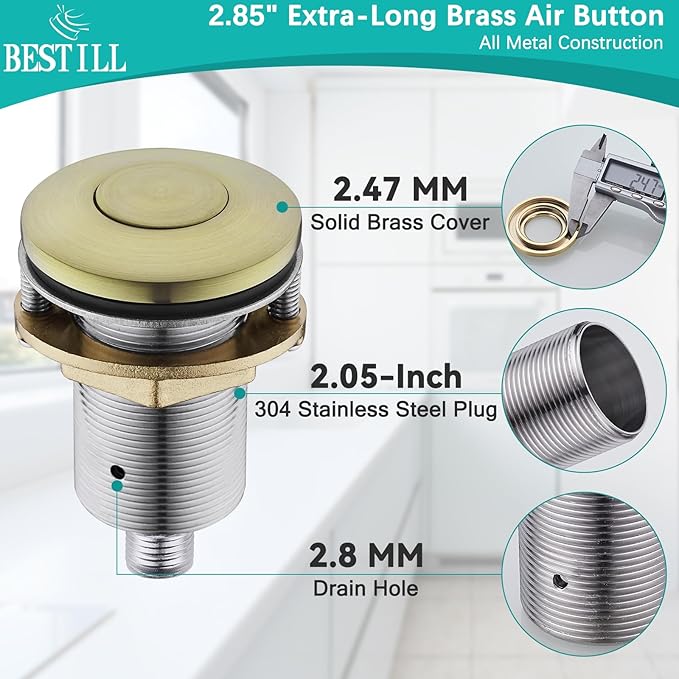BESTILL Garbage Disposal Air Switch Kit - UL Listed, Brass 2.95" Short Sink Top On/Off Switch Button for Food Waste Disposer, Brushed Gold, Compatible with all Garbage Disposals-Ruum Studio Home