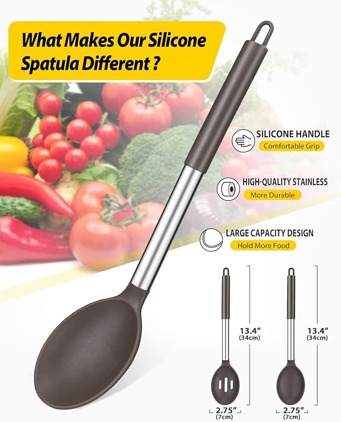 Pack of 2 Large Silicone Cooking Spoons,Non Stick Solid Basting Spoon,Heat-Resistant Kitchen Utensils for Mixing,Serving,Draining,Stirring (CHOCOLATE)-Ruum Studio Home
