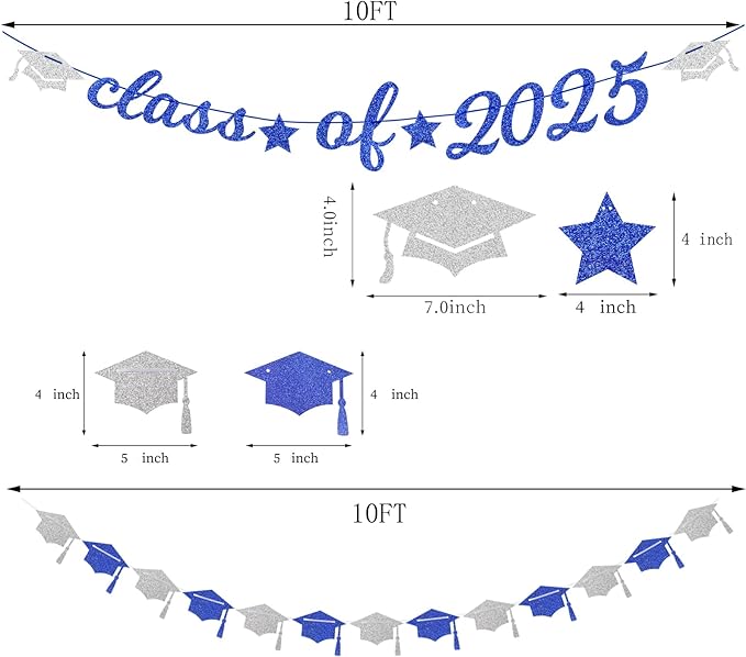 Navy-Blue White-Silver Party-Decoration Graduation Banner - 14pcs Kits Cap Garland Streamers, Royal Paper Tissue Pom Poms Flowers Fans Honeycomb,Class Of 2025 College High School Grad Decor Hugfond-Ruum Studio Home