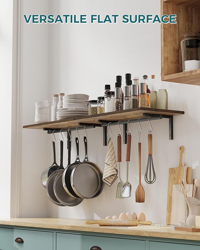 OROPY 2 Pack Wooden 23.6'' Pot Pan Hanging Rack Wall Mounted with 10 S Hooks, Set of 2 Large Pot Wall Holder Kitchen Shelves for Utensils, Cookware-Ruum Studio Home