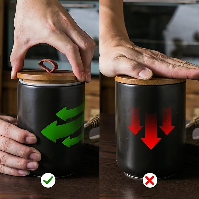 JOJUNO Black Ceramic Canister Set with Wooden Lid, 3-Piece Airtight Food Storage Jars for Kitchen Counter - Flour, Sugar, Coffee, Tea, Spice - Small, Medium, Large Sizes-Ruum Studio Home